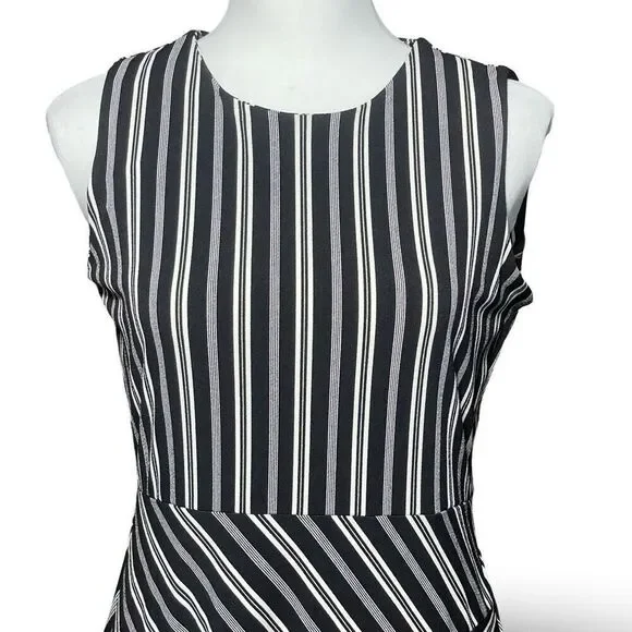 BANANA REPUBLIC Black & White Striped Dress, Asymmetrical Hem, Size SP - Picture 2 of 7